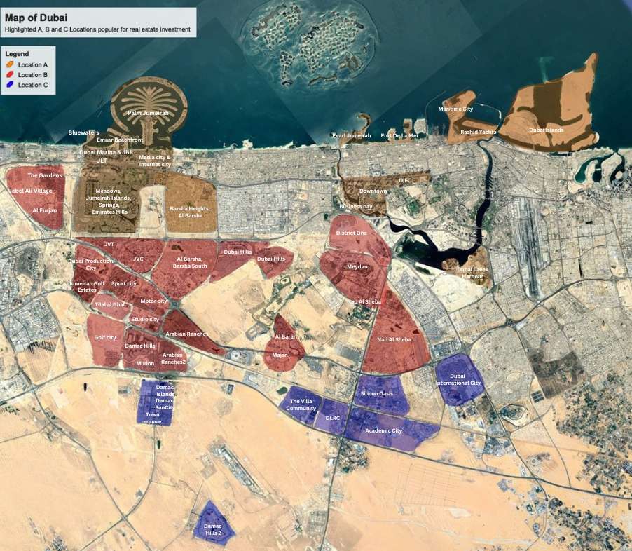 Mapa Dubaija sa označenim investicionim zonama A (narandžasta), B (crvena) i C (plava)